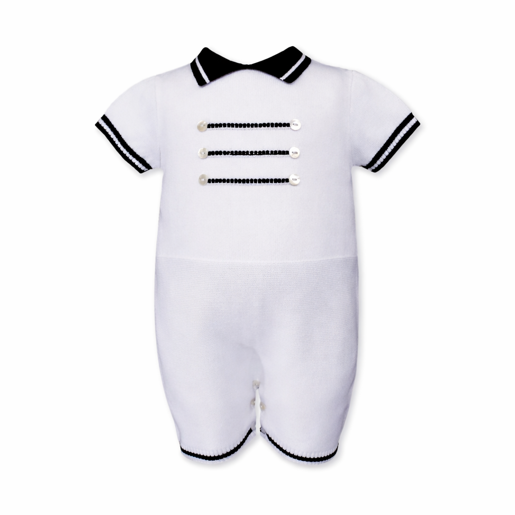 White and Navy Baby Boy Knit Romper